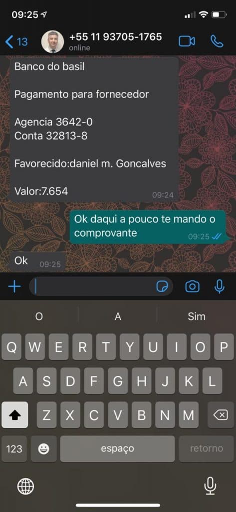 Imagem de um celular com um print de tela mostrando uma mensagem do WhatsApp, usada no artigo sobre como se proteger de golpes no aplicativo.