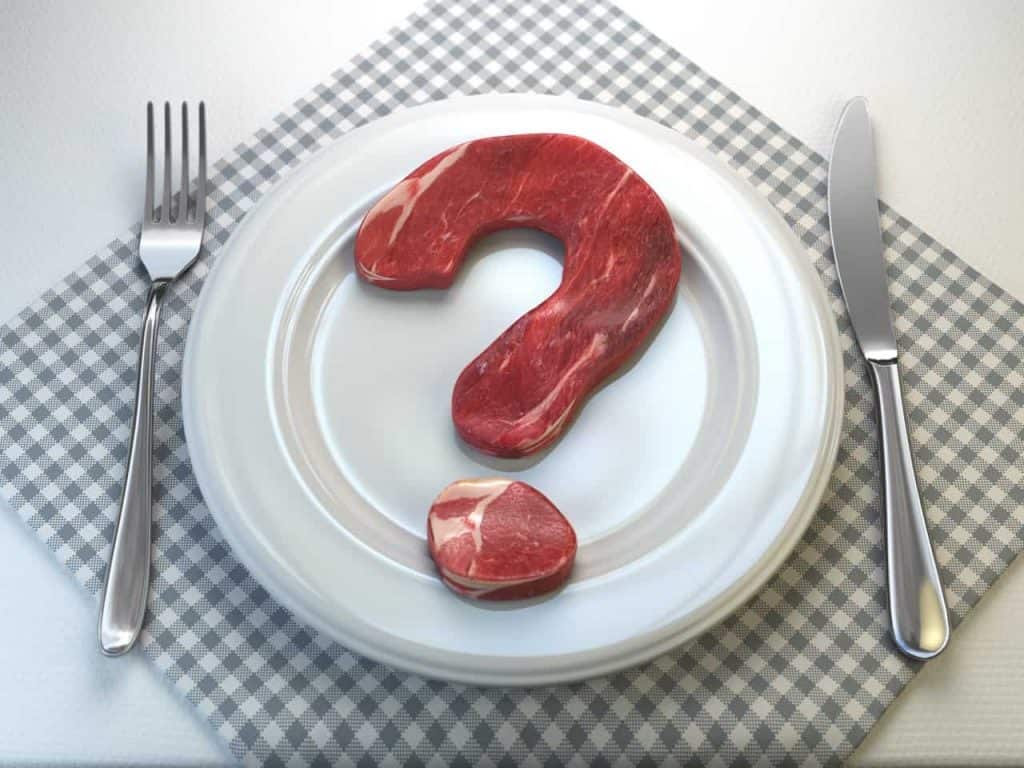 Imagem de um prato com carne crua em formato de ponto de interrogação, representando a dúvida na escolha entre uma dieta com carne ou vegetariana. Essa imagem ilustra o conceito de dieta e nutrição saudável, que é abordado no post sobre alimentos antiinflamatórios.