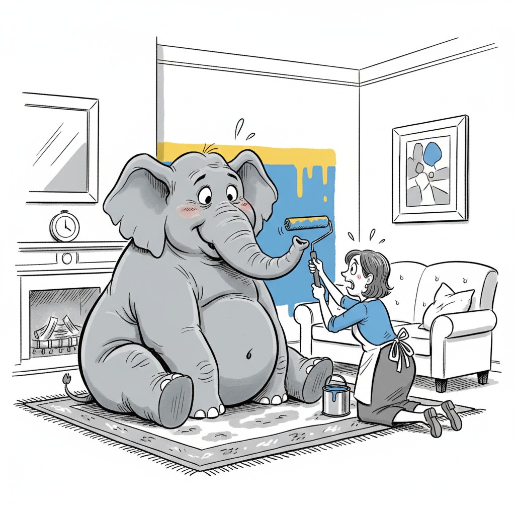Ilustração: um elefante enorme sentado na sala enquanto a dona da casa pinta a parede ao redor dele