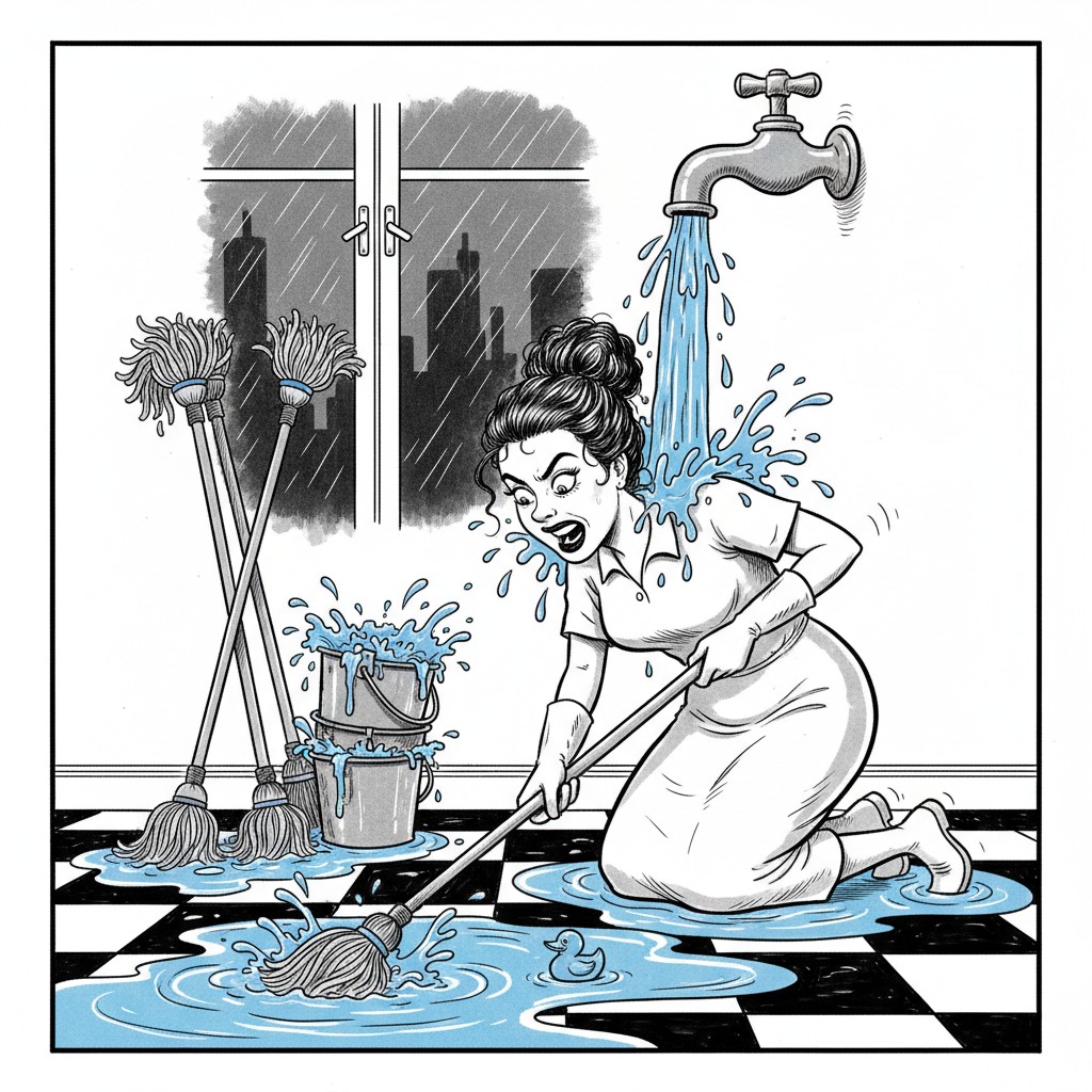 Ilustração: mulher enxuga o chão com rodo enquanto a torneira continua aberta e jorrando água