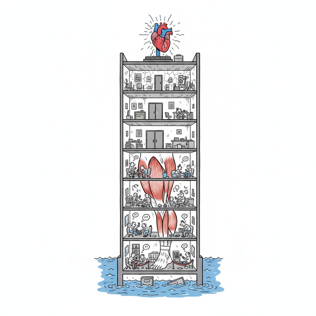 Ilustração: prédio em corte com o coração no topo e a musculatura da panturrilha bombeando nos andares de baixo