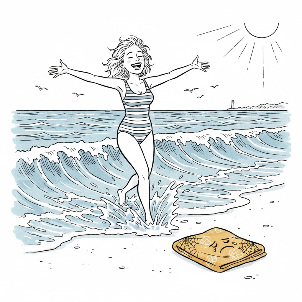Ilustração: mulher entra no mar de braços abertos enquanto a canga fica esquecida na areia